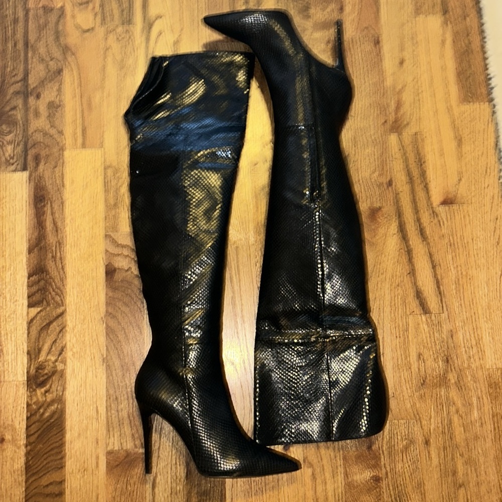 BCBG Max Azria Black Snakeskin print over the knee boots. Never worn.